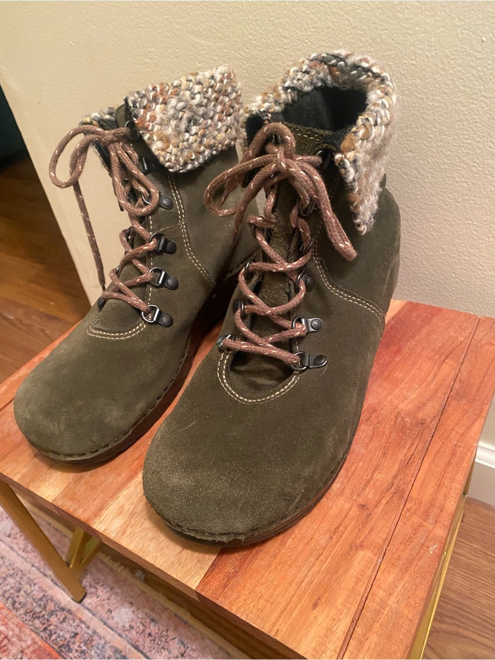 Dansko Olive Green Suede Lace-Up Ankle Boots with Knit Cuff